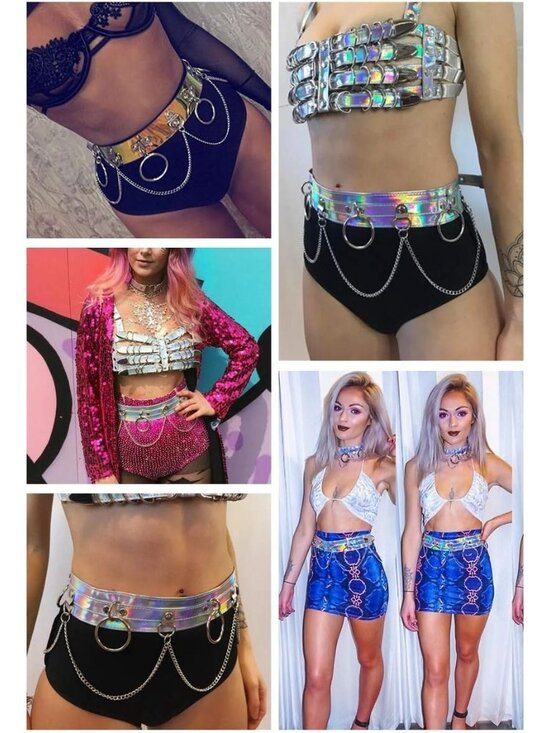 Women's Silver Holographic Body Chain Leather Gothic Punk Adjustable Waist Belt - Picture 3 of 5